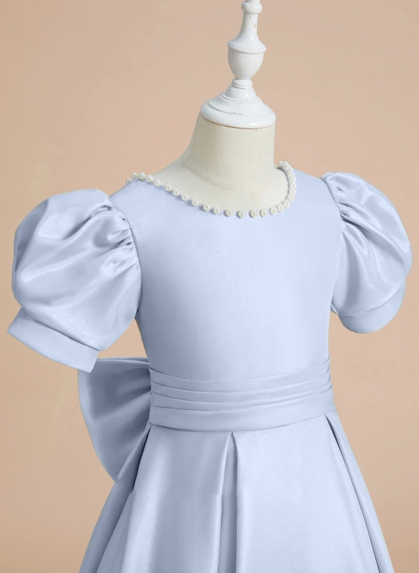 A-Line Scoop Neck Short Sleeves Satin Flower Girl Dresses With Bow(s)/Beading