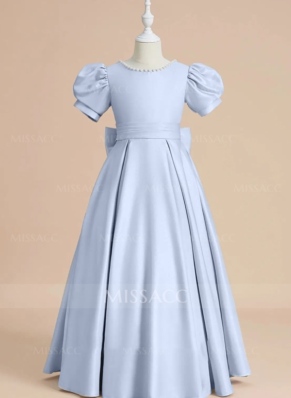 A-Line Scoop Neck Short Sleeves Satin Flower Girl Dresses With Bow(s)/Beading