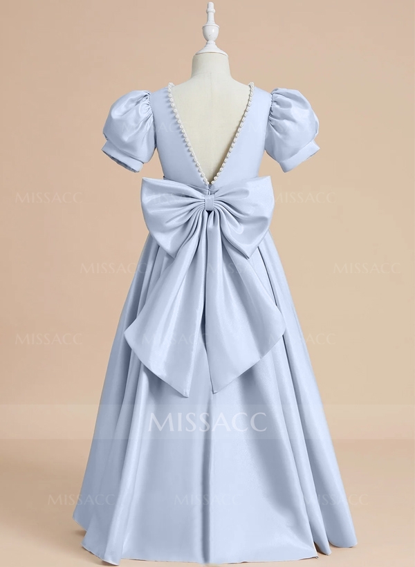 A-Line Scoop Neck Short Sleeves Satin Flower Girl Dresses With Bow(s)/Beading