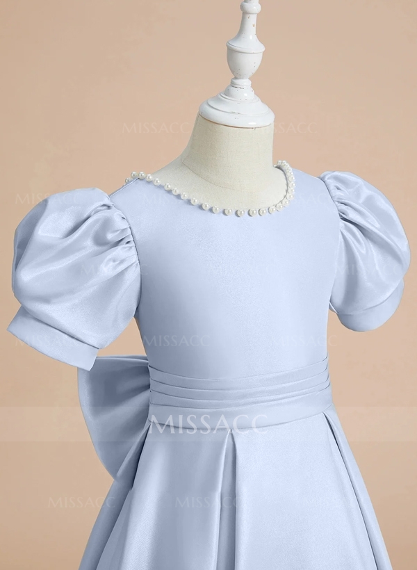 A-Line Scoop Neck Short Sleeves Satin Flower Girl Dresses With Bow(s)/Beading