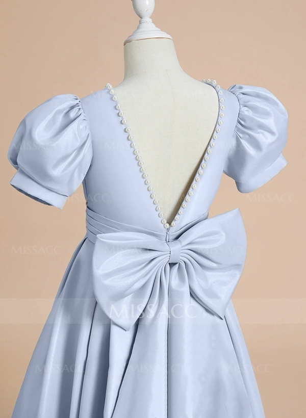 A-Line Scoop Neck Short Sleeves Satin Flower Girl Dresses With Bow(s)/Beading