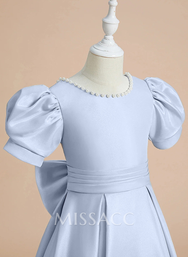A-Line Scoop Neck Short Sleeves Satin Flower Girl Dresses With Bow(s)/Beading