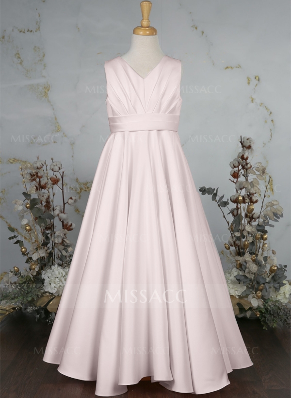 A-Line V-Neck Sleeveless Floor-Length Satin Flower Girl Dresses With Bow(s)