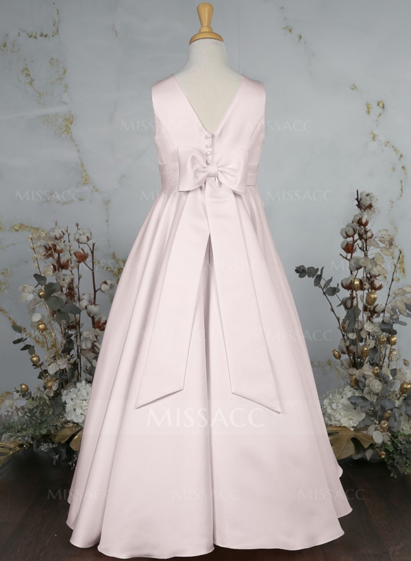 A-Line V-Neck Sleeveless Floor-Length Satin Flower Girl Dresses With Bow(s)