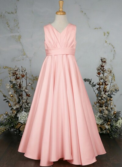 A-Line V-Neck Sleeveless Floor-Length Satin Flower Girl Dresses With Bow(s)