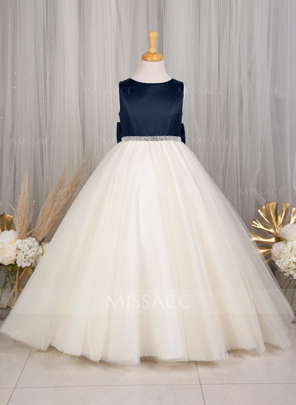 A-Line Scoop Neck Sleeveless Satin/Tulle Flower Girl Dresses With Bow(s)