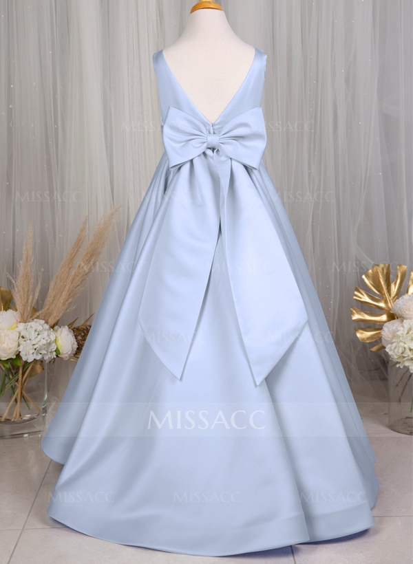 A-Line Scoop Neck Sleeveless Floor-Length Satin Flower Girl Dresses With Bow(s)