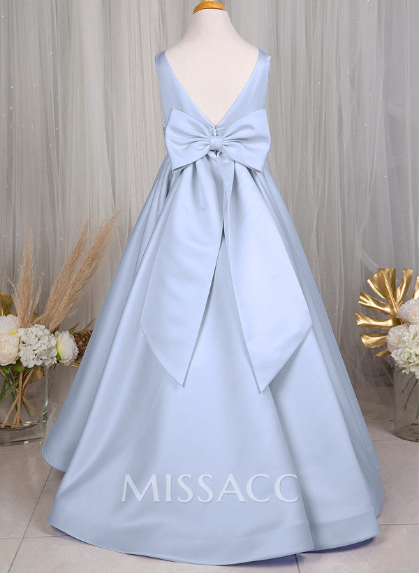 A-Line Scoop Neck Sleeveless Floor-Length Satin Flower Girl Dresses With Bow(s) A-Line Scoop Neck Sleeveless Floor-Length Satin Flower Girl Dresses With Bow(s)