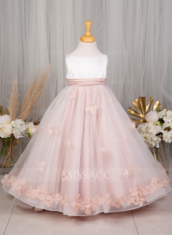 A-Line Scoop Neck Sleeveless Satin/Tulle Flower Girl Dresses With Flower(s)