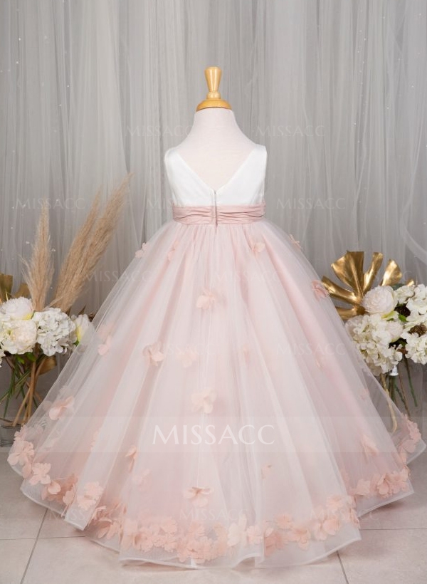 A-Line Scoop Neck Sleeveless Satin/Tulle Flower Girl Dresses With Flower(s)