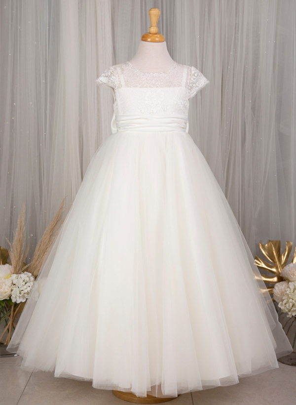 A-Line Scoop Neck Sleeveless Satin/Tulle Flower Girl Dresses With Bow(s)/Lace