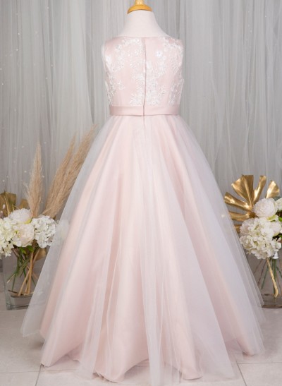 A-Line Scoop Neck Sleeveless Satin/Tulle Flower Girl Dresses With Bow(s)/Lace
