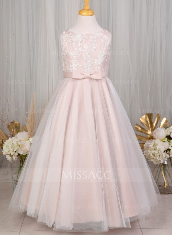 A-Line Scoop Neck Sleeveless Satin/Tulle Flower Girl Dresses With Bow(s)/Lace