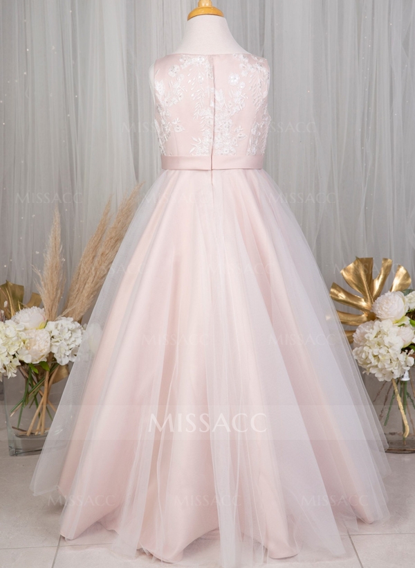 A-Line Scoop Neck Sleeveless Satin/Tulle Flower Girl Dresses With Bow(s)/Lace