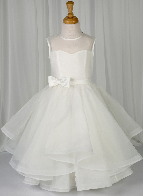 A-Line Scoop Neck Sleeveless Satin/Tulle Flower Girl Dresses With Ruffle/Bow(s)