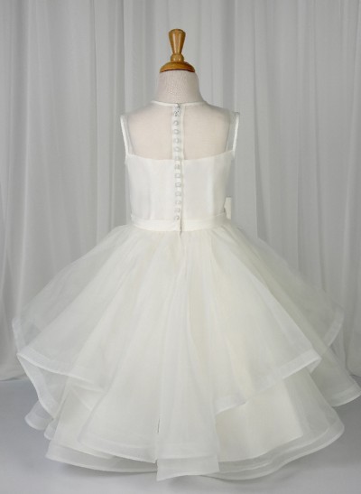 A-Line Scoop Neck Sleeveless Satin/Tulle Flower Girl Dresses With Ruffle/Bow(s)
