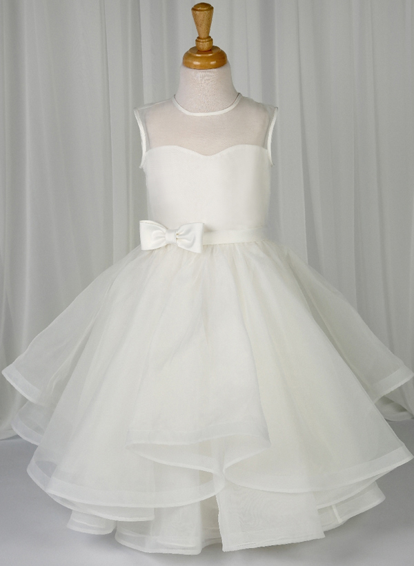 A-Line Scoop Neck Sleeveless Satin/Tulle Flower Girl Dresses With Ruffle/Bow(s)