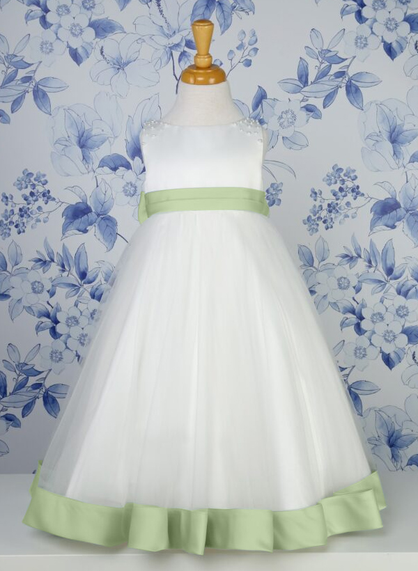 A-Line Scoop Neck Satin/Tulle Flower Girl Dresses With Bow(s)/Beading