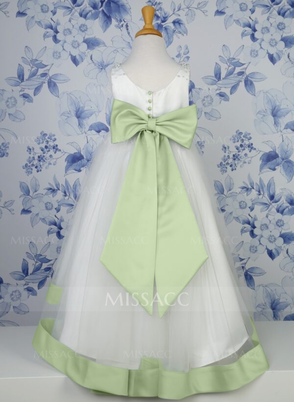 A-Line Scoop Neck Satin/Tulle Flower Girl Dresses With Bow(s)/Beading