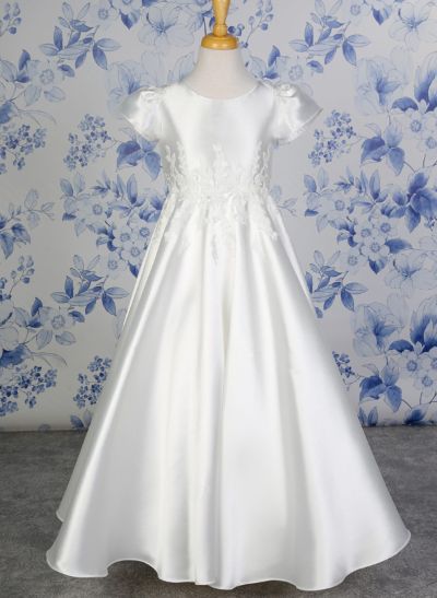 A-Line Scoop Neck Sleeveless Floor-Length Satin Flower Girl Dresses With Lace