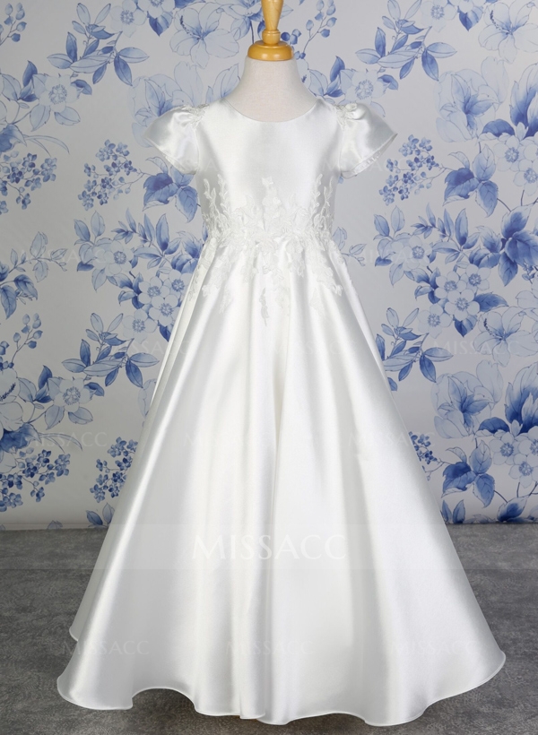 A-Line Scoop Neck Sleeveless Floor-Length Satin Flower Girl Dresses With Lace