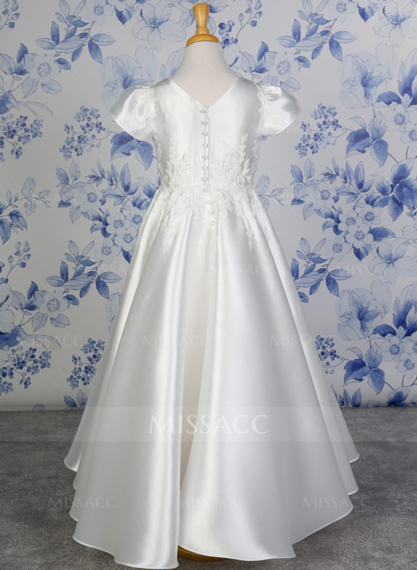 A-Line Scoop Neck Sleeveless Floor-Length Satin Flower Girl Dresses With Lace