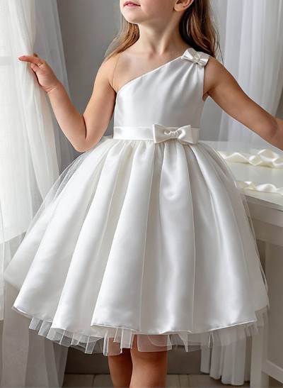 A-Line One-Shoulder Knee-Length Satin Flower Girl Dresses With Bow(s)