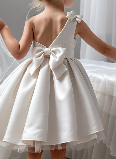 A-Line One-Shoulder Knee-Length Satin Flower Girl Dresses With Bow(s)