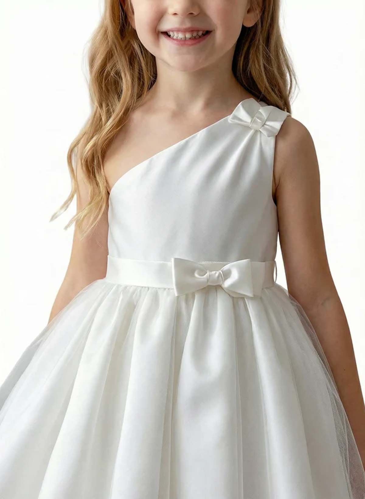 A-Line One-Shoulder Knee-Length Satin Flower Girl Dresses With Bow(s)