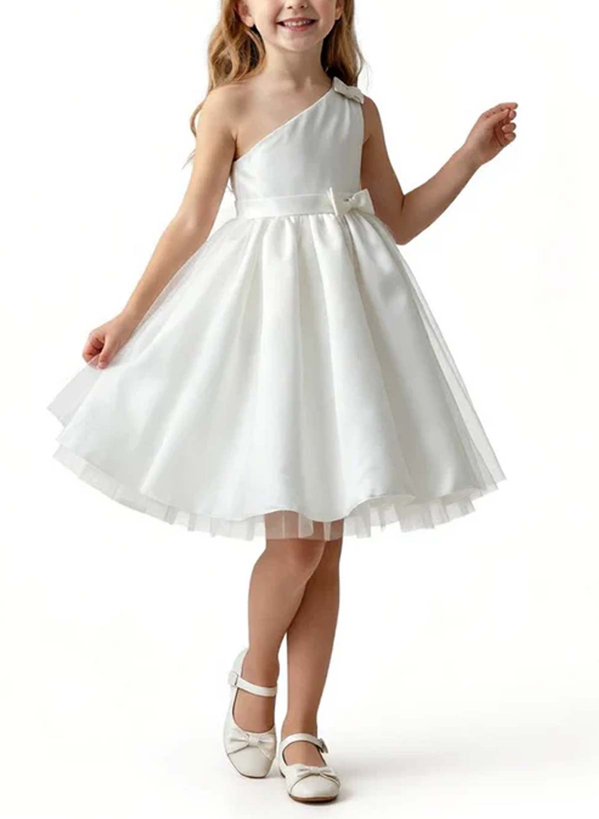 A-Line One-Shoulder Knee-Length Satin Flower Girl Dresses With Bow(s)