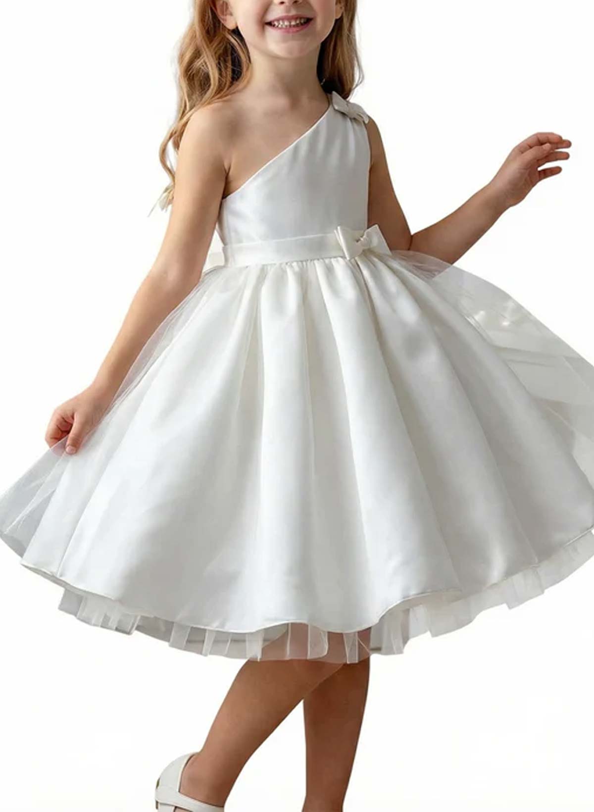 A-Line One-Shoulder Knee-Length Satin Flower Girl Dresses With Bow(s)