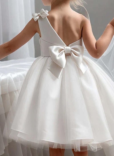 A-Line One-Shoulder Knee-Length Satin Flower Girl Dresses With Bow(s)