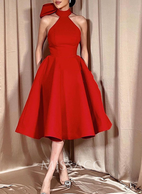 Ball-Gown Halter Sleeveless Satin(Non-Stretch) Homecoming Dresses With Bow(s) Ball-Gown Halter Sleeveless Satin(Non-Stretch) Homecoming Dresses With Bow(s)