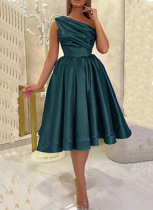 A-Line One-Shoulder Silk Like Satin(Non-Stretch) Homecoming Dresses