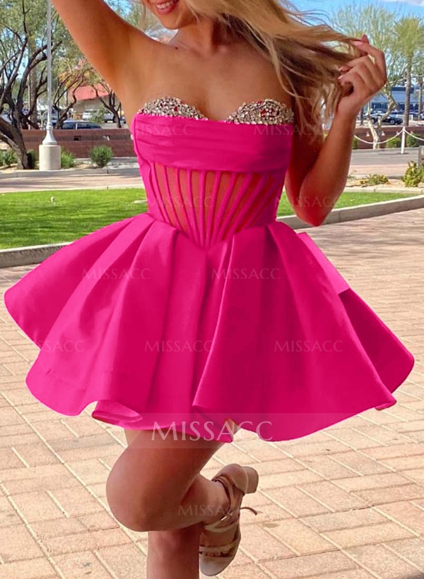 A-Line Sweetheart Short/Mini Satin Homecoming Dresses With Rhinestone