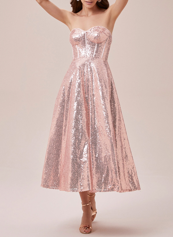 A-Line Sweetheart Sleeveless Tea-Length Sequined Homecoming Dresses