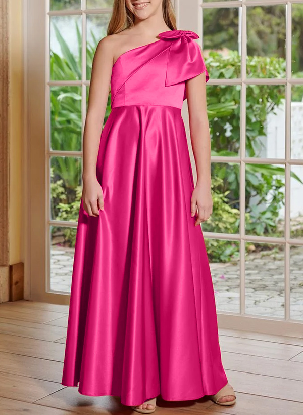 A-Line One-Shoulder Sleeveless Satin Junior Bridesmaid Dresses With Bow(s)