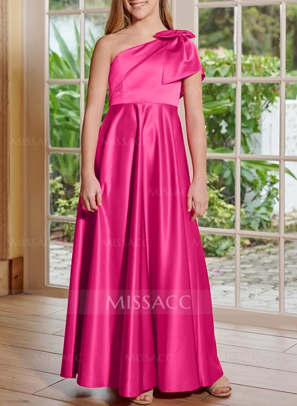 A-Line One-Shoulder Sleeveless Satin Junior Bridesmaid Dresses With Bow(s)