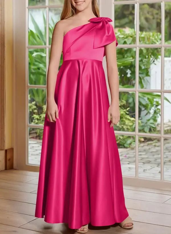 A-Line One-Shoulder Sleeveless Satin Junior Bridesmaid Dresses $85