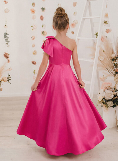 A-Line One-Shoulder Sleeveless Satin Junior Bridesmaid Dresses With Bow(s)