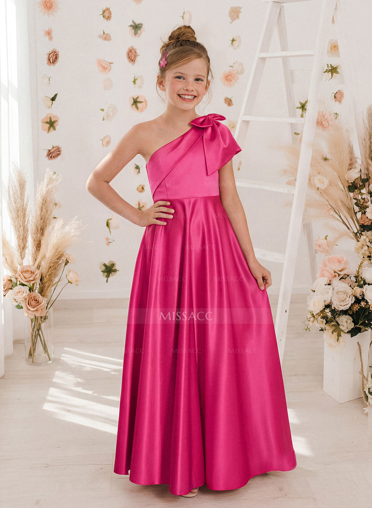 A-Line One-Shoulder Sleeveless Satin Junior Bridesmaid Dresses With Bow(s)
