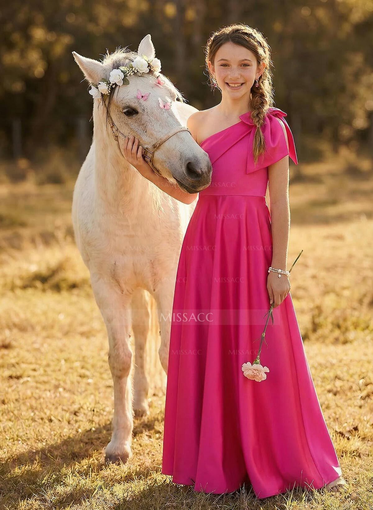 A-Line One-Shoulder Sleeveless Satin Junior Bridesmaid Dresses With Bow(s)