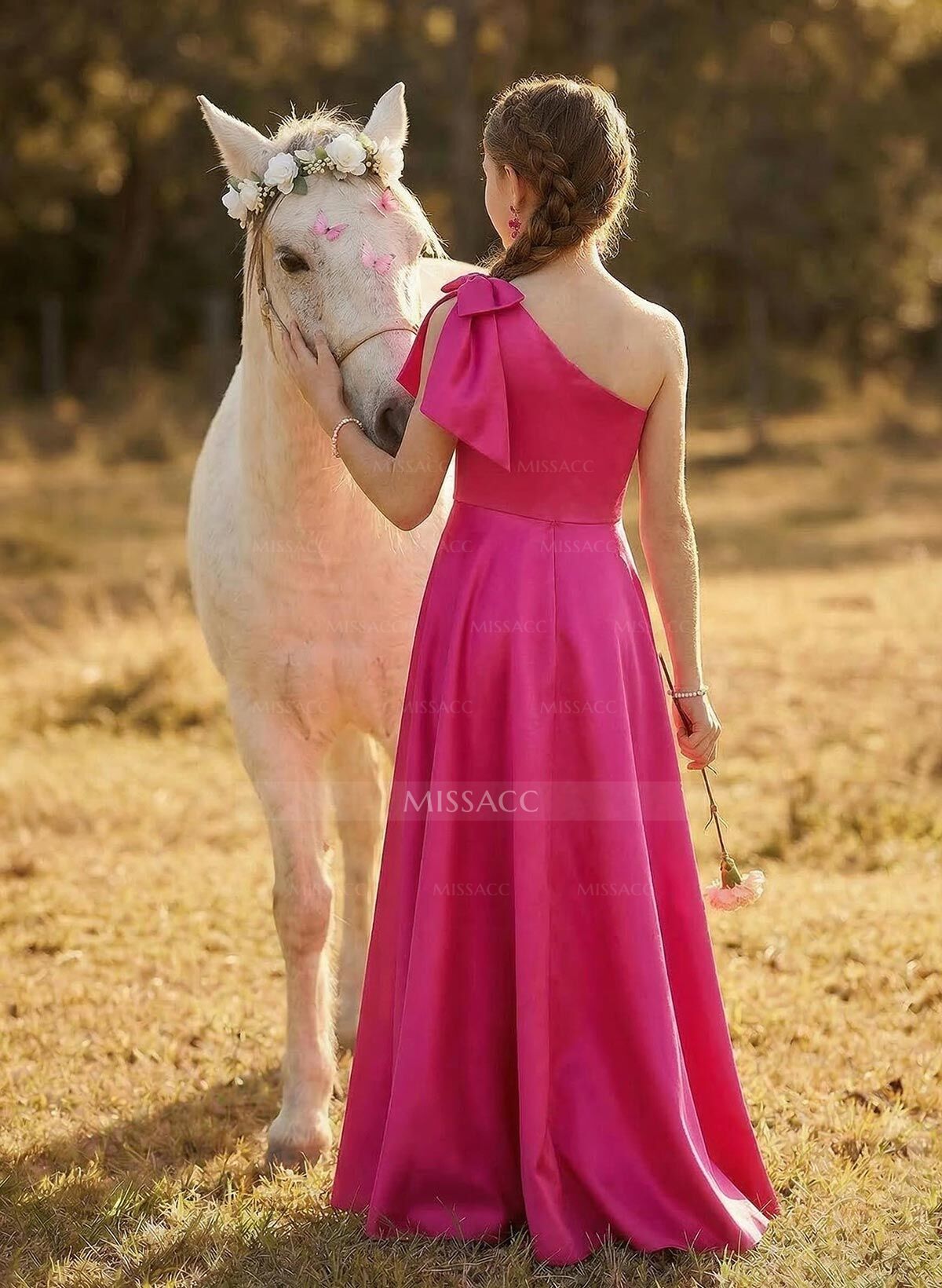 A-Line One-Shoulder Sleeveless Satin Junior Bridesmaid Dresses With Bow(s)