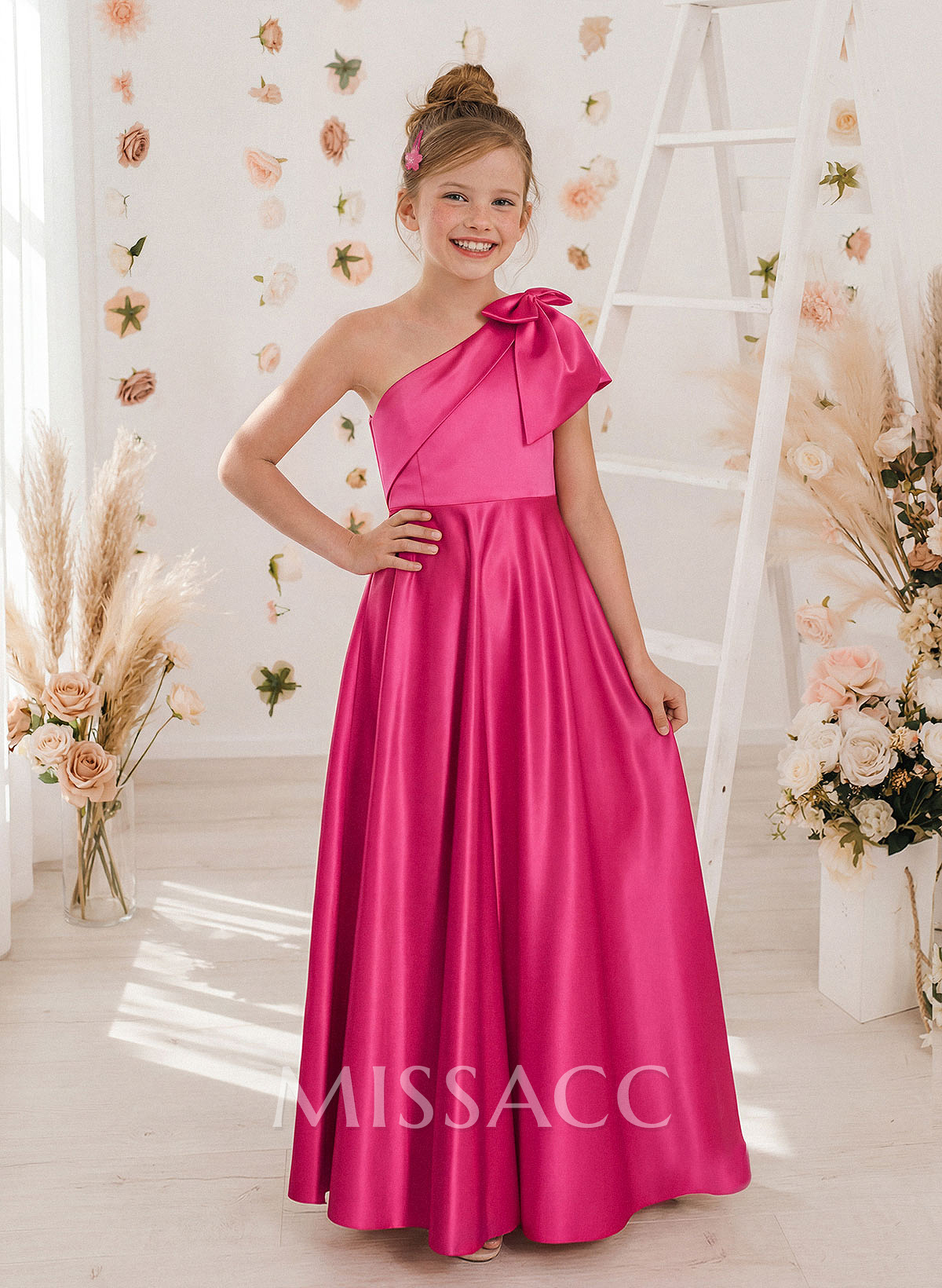 A-Line One-Shoulder Sleeveless Satin Junior Bridesmaid Dresses With Bow(s) A-Line One-Shoulder Sleeveless Satin Junior Bridesmaid Dresses With Bow(s)