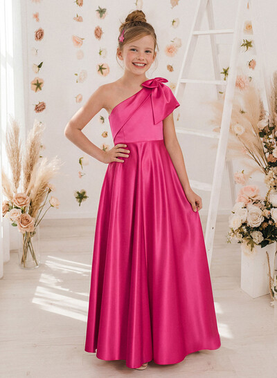 A-Line One-Shoulder Sleeveless Satin Junior Bridesmaid Dresses With Bow(s)