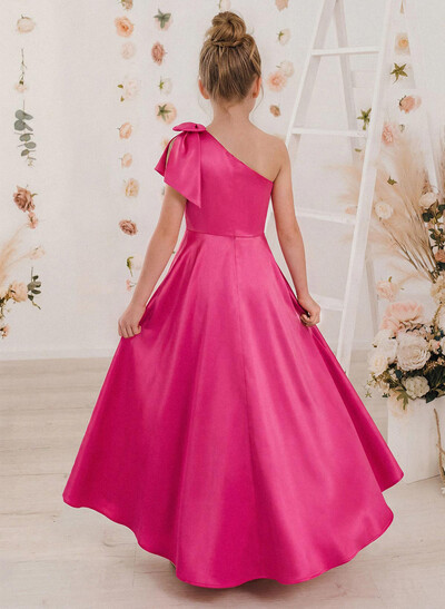 A-Line One-Shoulder Sleeveless Satin Junior Bridesmaid Dresses With Bow(s)