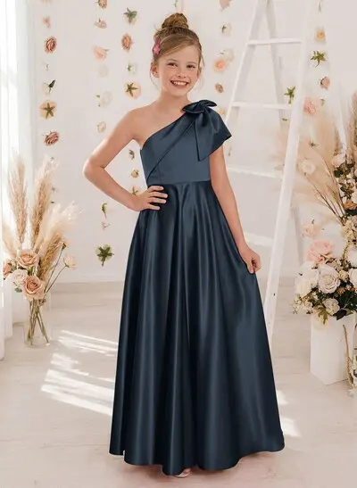 satin junior bridesmaid dresses Floral A-line Satin Junior Bridesmaid Dress With Mini Sash In Bow And Blossom Print