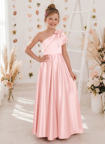 A-Line One-Shoulder Sleeveless Satin Junior Bridesmaid Dresses With Bow(s)