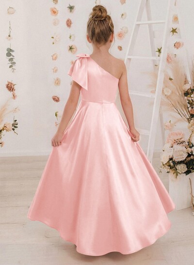A-Line One-Shoulder Sleeveless Satin Junior Bridesmaid Dresses With Bow(s)