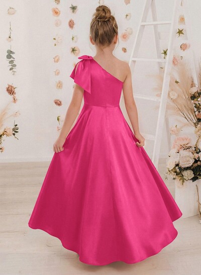 A-Line One-Shoulder Sleeveless Satin Junior Bridesmaid Dresses With Bow(s)